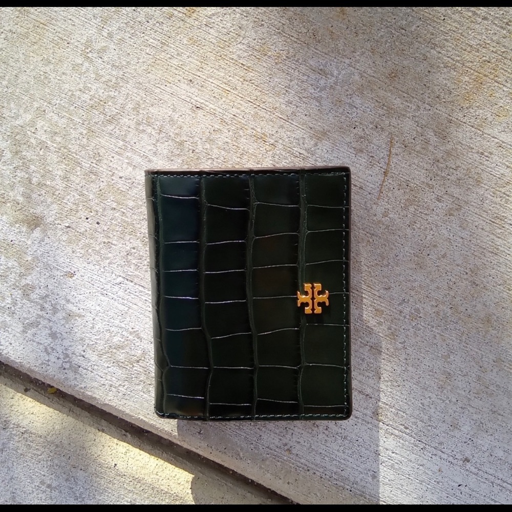 Tory Burch Croco-Embossed Bi-Fold Wallet Dark Green